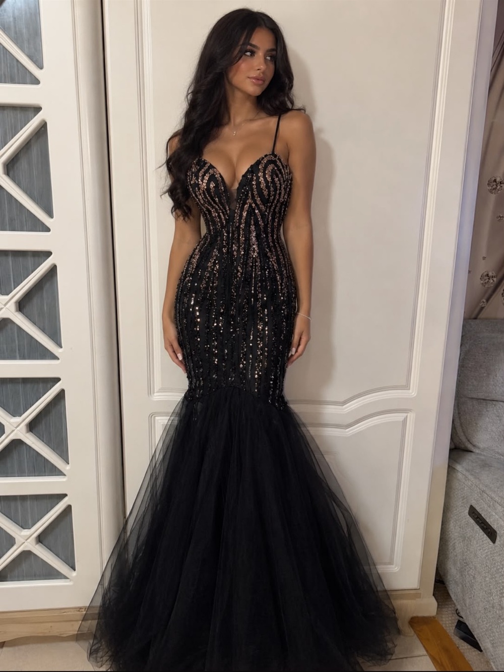 Black Sequined Mermaid Tulle Evening Dress